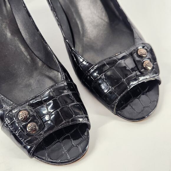 Stuart Weitzman Peep Toe Pumps Size 6,5M Womens Black Patent Leather Croc Heels - Picture 3 of 9